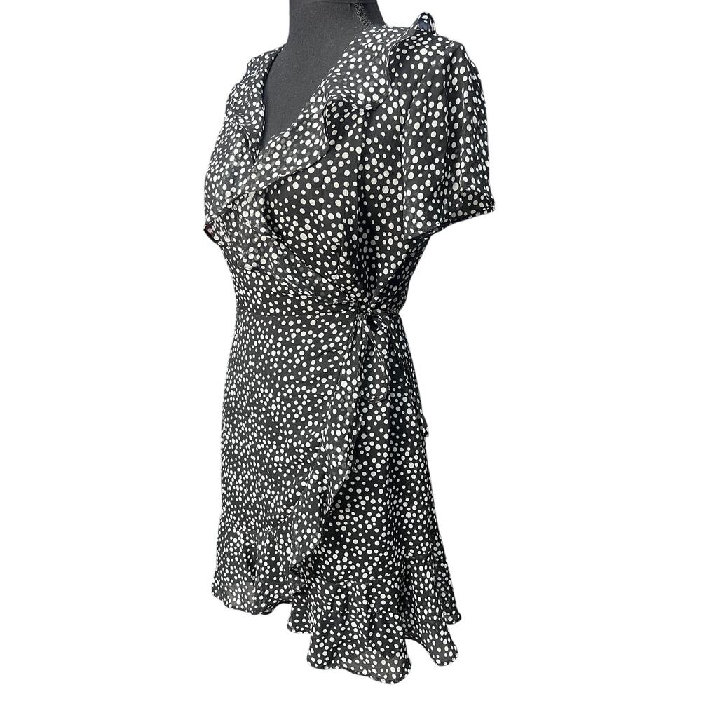 Lush Francesca’s Women XS Black White Polka Dot Ruffle Wrap Dress summer brunch - Picture 3 of 9